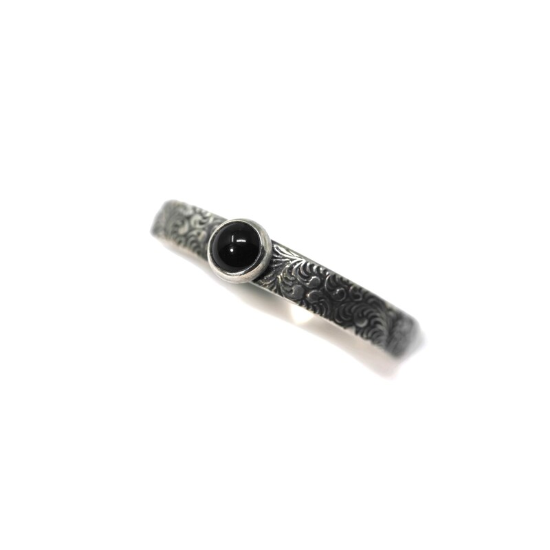 Tiny 4mm Black Onyx Ring Fern Pattern Vintage Silver by Salish Sea Inspirations